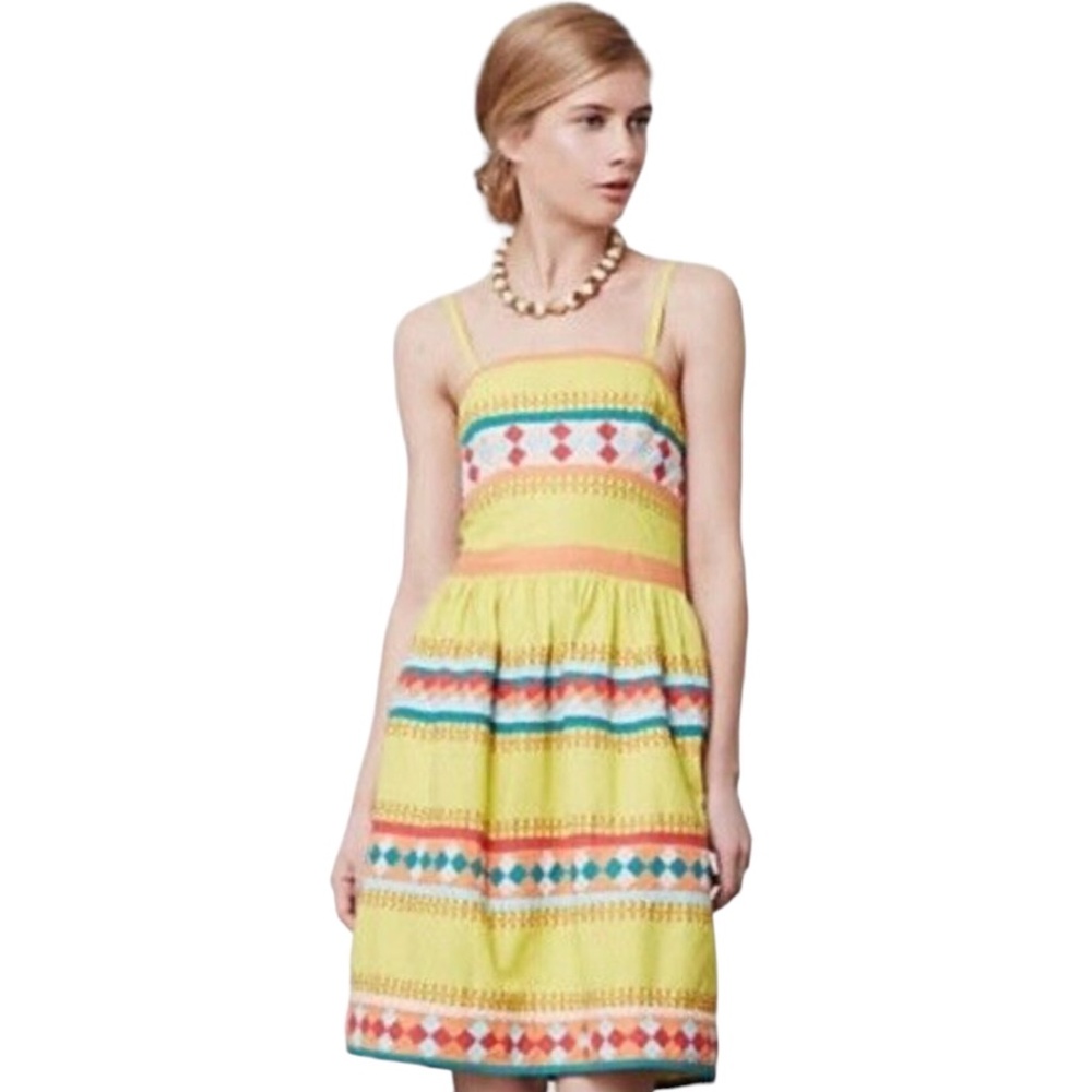 ANTHROPOLOGIE LEIFSDOTTIR 100% Cotton Ribboned Quilotoa Mini Dress Lined US Sz 0